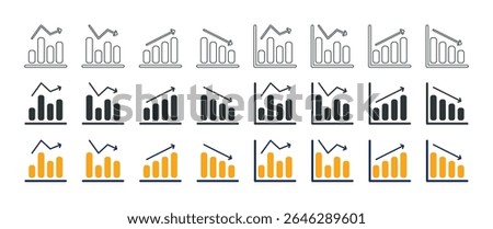 24 Icon Set about Column Graph Goes Up and Down - 3 Style (Outline, Solid and Colored)