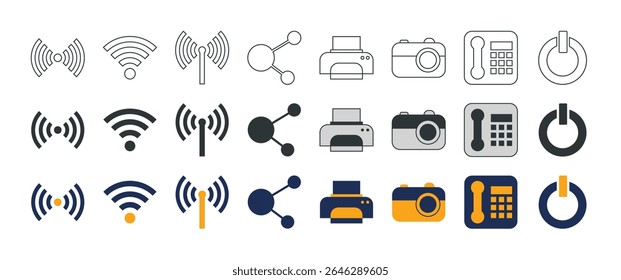 24 Conjunto de iconos sobre dispositivos y señal - 3 estilos (contorno, sólido y coloreado)