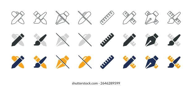 24 Conjunto de iconos sobre herramientas de pluma - 3 estilo (contorno, sólido y coloreado)