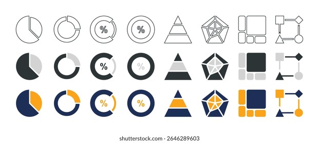 24 conjunto de iconos sobre gráfico circular y otros - 3 estilos (contorno, sólido y coloreado)