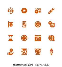 24 icon set. Collection of 16 filled 24 icons included Wristwatch, Clock, Hourglass, Time, Customer service, Watch, Deadline, Day, Telemarketing