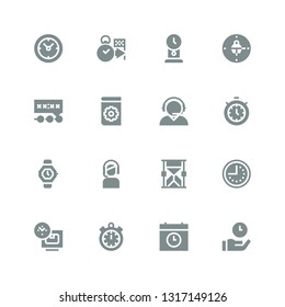 24 icon set. Collection of 16 filled 24 icons included Time, Timer, Clock, Hourglass, Customer service, Watch, Manual, Deadline, Clocks
