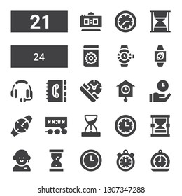 24 icon set. Collection of 21 filled 24 icons included Clock, Timer, Time, Hourglass, Customer service, Deadline, Watch, Clocks, Service, Contact book, Headset, Wristwatch, Watches