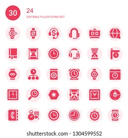 24 icon set. Collection of 30 filled 24 icons included Watches, Wristwatch, Telemarketing, Headset, Digital clock, Manual, Hourglass, Time, Watch, Clock, Day, Clocks, Customer service