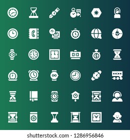 24 icon set. Collection of 36 filled 24 icons included Customer service, Clocks, Hourglass, Manual, Watch, Deadline, Clock, Time, Digital clock, Watches, Timer, Contact book, Day