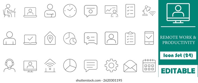 24 icons designed for remote work and productivity, featuring tools, communication, time management, and team collaboration. Perfect for digital workspaces, business, and technology applications.
