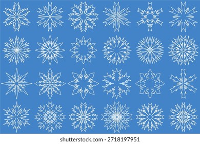 24 desenhos imaginativos de imagem floco de neve para complementar seu fundo de inverno fundo azul isolado, vetor