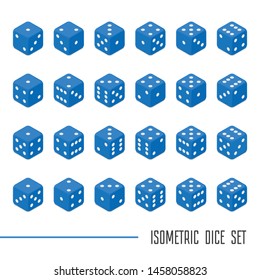 24 isometric dice. Twenty-four variants blue game cubes isolated on white background. All possible turns authentic collection icons in realistic style. Gambling concept. Vector illustration EPS 10.