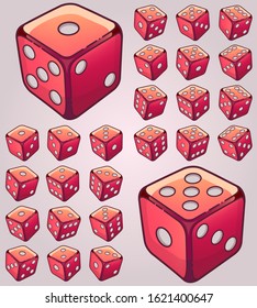 24 isometric dice. Twenty-four variants red game cubes isolated on white background. All possible turns authentic collection icons in realistic style. Gambling concept. Vector illustration EPS 10.
