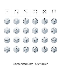 24 isometric dice. Twenty-four variants white game cubes isolated on white background. All possible turns authentic collection icons in realistic style. Gambling concept. Vector illustration EPS 10.