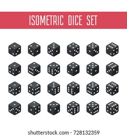 24 isometric dice. Twenty-four variants black game cubes isolated on white background. All possible turns authentic collection icons in realistic style. Gambling concept. Vector illustration EPS 10.