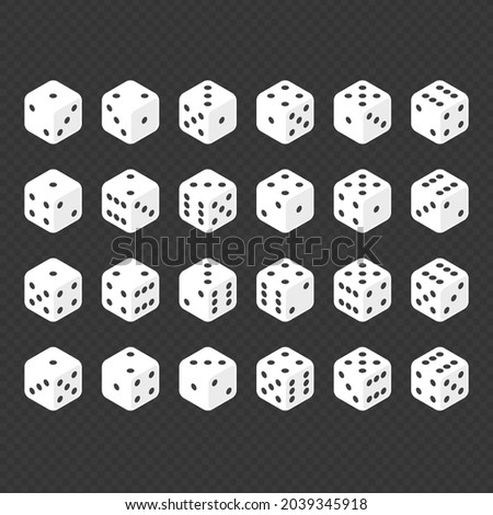 24 isometric dice. Twenty-four variants white game cubes isolated on transparent background. All possible turns authentic collection icons in realistic style. Gambling concept. Vector illustration EPS