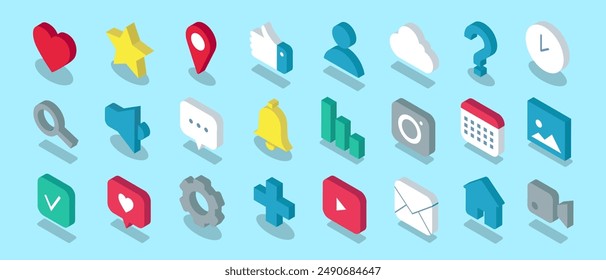 24 Isometric icons for mobile app or social media. 3d concept for user interface. Vector illustration of notification bell, camera, volume, cloud and more