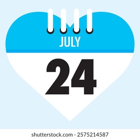 24 July calendar icon sky blue heart shape on light sky blue color background, calendar vector symbol for the month of July.