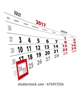 24 July highlighted on calendar 2017. Week starts from Monday. Vector Illustration.
