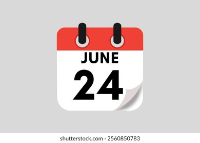 24 June calendar icon text page monthly web design on red, white, black and ash background vector, icon, or illustration with the month of June 24