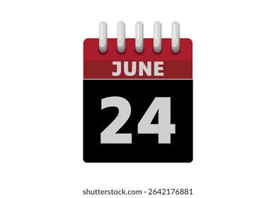 24 June calendar icon text page monthly web design on red, black and white background vector, icon, or illustration with the month of June 24