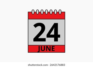 24 June calendar icon text page monthly web design on red, black and white background vector, icon, or illustration with the month of June 24