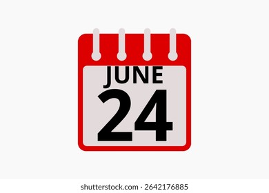 24 June calendar icon text page monthly web design on red, black and white background vector, icon, or illustration with the month of June 24