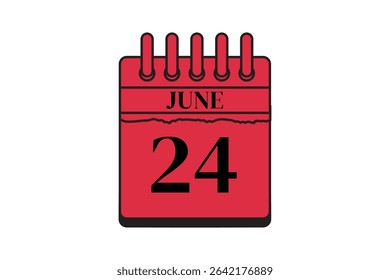 24 June calendar icon text page monthly web design on red, black and white background vector, icon, or illustration with the month of June 24