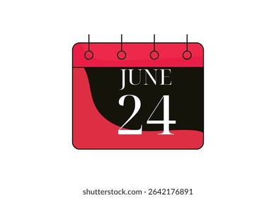 24 June calendar icon text page monthly web design on red, black and white background vector, icon, or illustration with the month of June 24