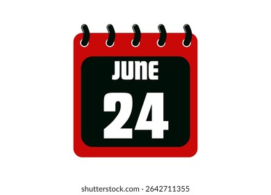 24 June calendar icon text page monthly web design on red, black and white background vector, icon, or illustration with the month of June 24