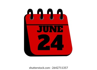 24 June calendar icon text page monthly web design on red, black and white background vector, icon, or illustration with the month of June 24