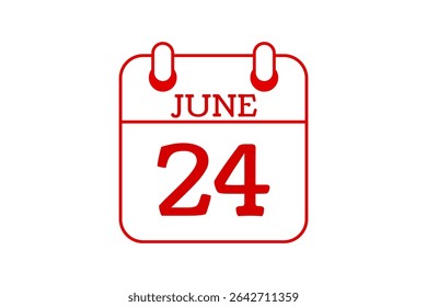 24 June calendar icon text page monthly web design on red, black and white background vector, icon, or illustration with the month of June 24
