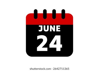 24 June calendar icon text page monthly web design on red, black and white background vector, icon, or illustration with the month of June 24
