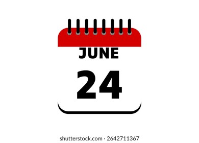24 June calendar icon text page monthly web design on red, black and white background vector, icon, or illustration with the month of June 24