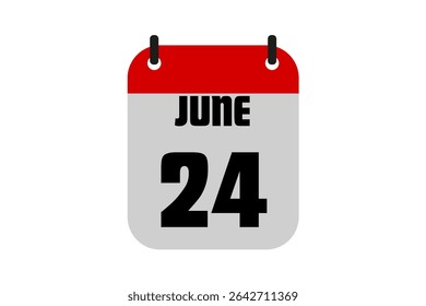 24 June calendar icon text page monthly web design on red, black and white background vector, icon, or illustration with the month of June 24