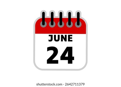 24 June calendar icon text page monthly web design on red, black and white background vector, icon, or illustration with the month of June 24