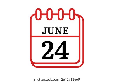 24 June calendar icon text page monthly web design on red, black and white background vector, icon, or illustration with the month of June 24