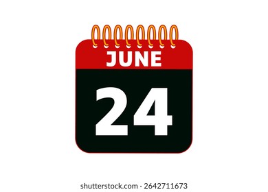 24 June calendar icon text page monthly web design on red, black and white background vector, icon, or illustration with the month of June 24