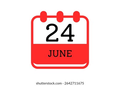 24 June calendar icon text page monthly web design on red, black and white background vector, icon, or illustration with the month of June 24
