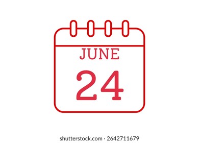 24 June calendar icon text page monthly web design on red, black and white background vector, icon, or illustration with the month of June 24