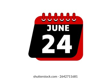 24 June calendar icon text page monthly web design on red, black and white background vector, icon, or illustration with the month of June 24