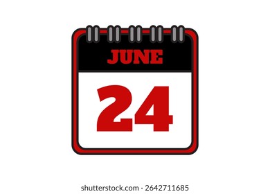 24 June calendar icon text page monthly web design on red, black and white background vector, icon, or illustration with the month of June 24