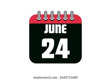 24 June calendar icon text page monthly web design on red, black and white background vector, icon, or illustration with the month of June 24