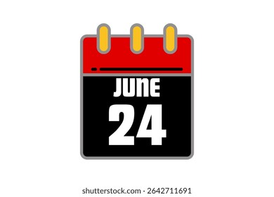 24 June calendar icon text page monthly web design on red, black and white background vector, icon, or illustration with the month of June 24