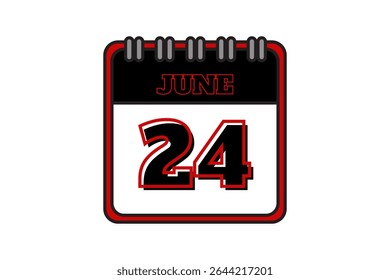 24 June calendar icon text page monthly web design on red, black and white background vector, icon, or illustration with the month of June 24