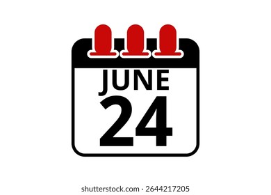 24 junho calendário ícone página de texto design mensal web em vermelho, preto e branco fundo vetor, ícone, ou ilustração com o mês de junho 24