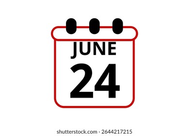 24 junho calendário ícone página de texto design mensal web em vermelho, preto e branco fundo vetor, ícone, ou ilustração com o mês de junho 24
