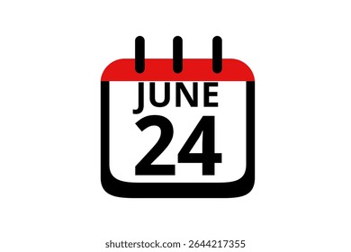 24 June calendar icon text page monthly web design on red, black and white background vector, icon, or illustration with the month of June 24
