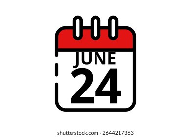 24 junho calendário ícone página de texto design mensal web em vermelho, preto e branco fundo vetor, ícone, ou ilustração com o mês de junho 24