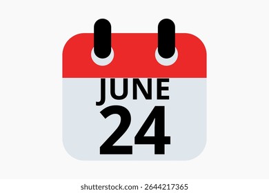 24 June calendar icon text page monthly web design on red, black and white background vector, icon, or illustration with the month of June 24