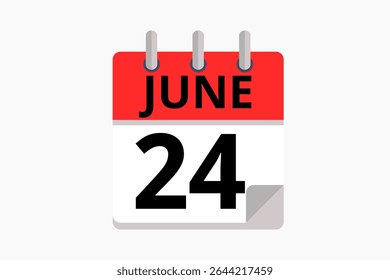 24 junho calendário ícone página de texto design mensal web em vermelho, preto e branco fundo vetor, ícone, ou ilustração com o mês de junho 24