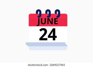 24 June calendar icon text page monthly web design on red, black and white background vector, icon, or illustration with the month of June 24