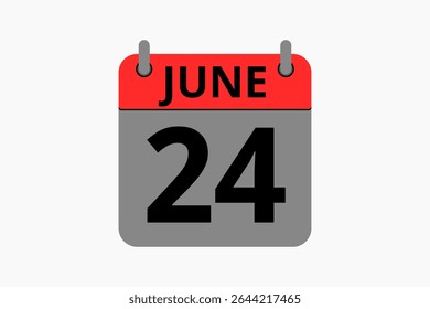 24 junho calendário ícone página de texto design mensal web em vermelho, preto e branco fundo vetor, ícone, ou ilustração com o mês de junho 24