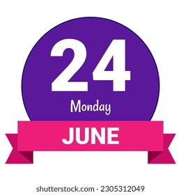 24 June, Monday. Date template. Useful design for calendar or event promotion. Vector illustration EPS 10 File. Isolated on white background. 